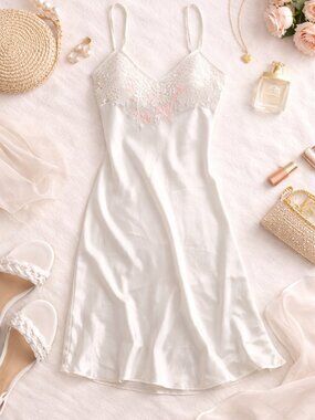Fantaisies by Morgan Taylor Ivory Satin Slip Nightgown Lace Embroidery M
